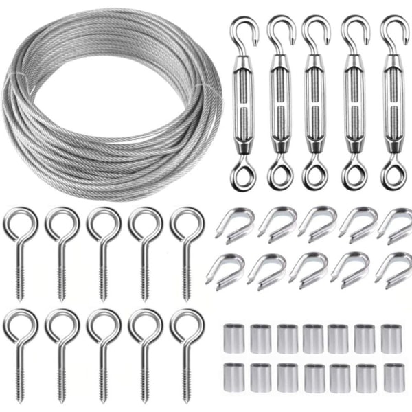 30M Stainless Steel Hanging Rope Kit, Wire Rope Kit, 2mm Coated Stainless Steel Rope, with M5 Cable Tensioner and Eye Hooks, for Climbing Plants, Gu