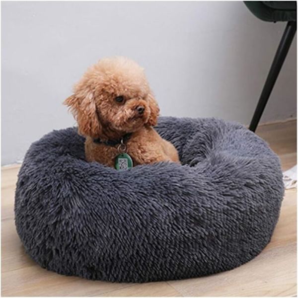 Rund Dyre seng til Katte, Hvalpe og Mellemstore Hunde, Blød og varm Plys pude, Donut Sofa (Diameter: 80cm, Mørkegrå)