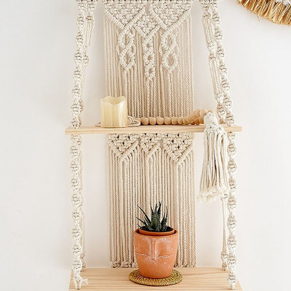 Boho Macrame Vägghängande Hylla 3 Tier Handgjord Vävd Trä Organizer Hyllor Vägg Flytande Växt Hängare för Heminredning