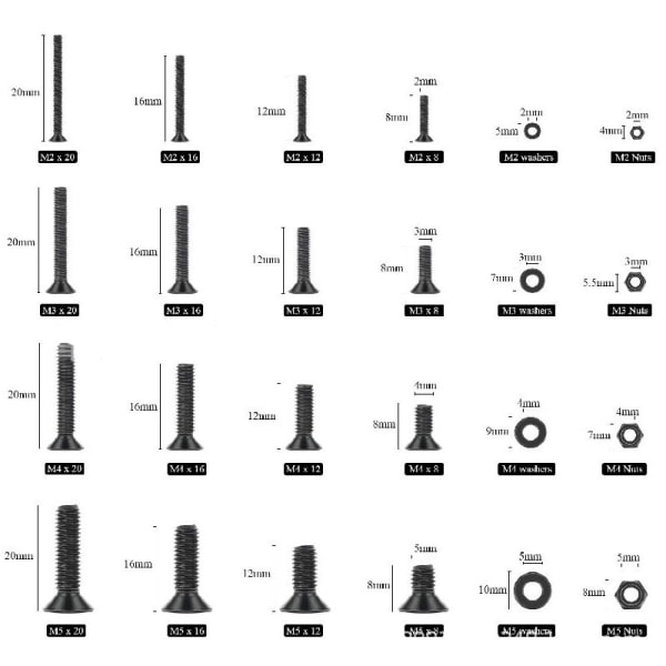 1220 stk serie M2 M3 M4 M5 legering stål sekskant sokkel skrue sett flatt rundt topplokk skruer bolter med sekskantnøkler (svart)