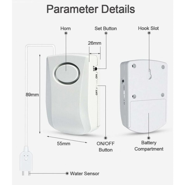 130dB Vattenläckagealarm, 95CM lång kabel med sensor, Hem Säkerhet Vattenläckage Detekteringslarm, Batteri ingår