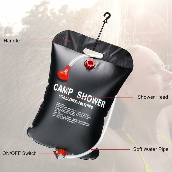 Camping Solardusjpose, 20L Camping Solardusjpose Utendørs Bærbar Foldbar Pose med Byttbar Fleksibel Dusjhode Slange Temperatur 45°C for