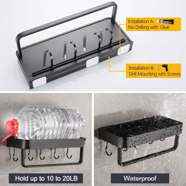 Flytende hylle spikerfri kjøkkenhylle anti-rust funksjonell hylle [30cm 12.5cm], med 5 kroker og håndkleholder rom aluminium, svart farge-
