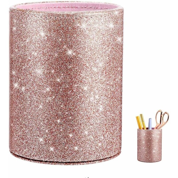 Pennkopp, PU-pennhållare, sminkborsthållare, sminkborsteförvaringskopp, PU-glitterpennhållare, PU-glitterrosa pennkoppshållare för kvinnor och flickor