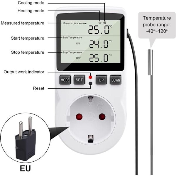 230V Temperaturregulator Stikkontakt med Sensor Digital Termostat Stikkontakt LCD Display Temperaturkontakt med Timer Velegnet til Køleskab Opvarmning