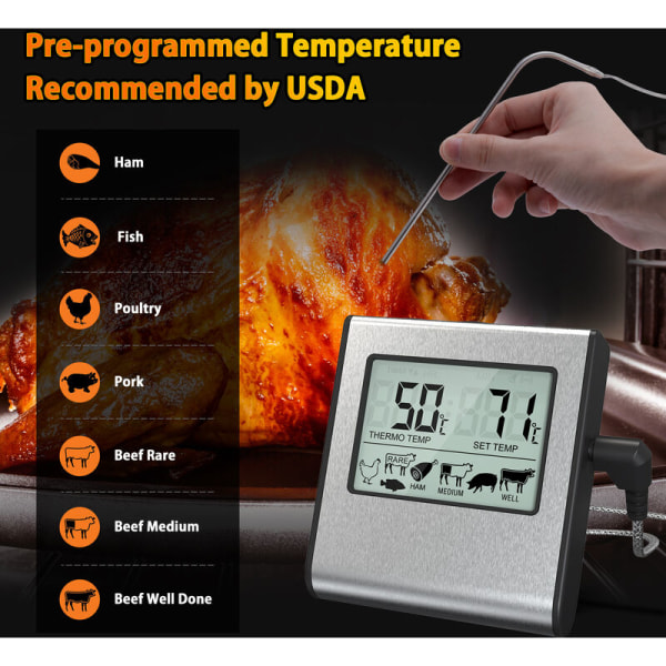 TP16 Digital Kökstermometer för Matlagning med Stor LCD-skärm för Rökugn Ugn Kök Godis Grilltermometer med Timer och Rostfritt Stål