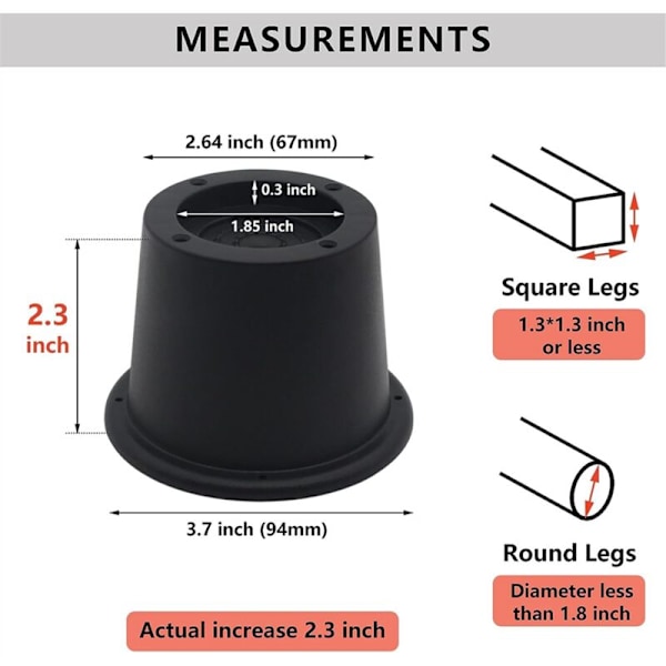 6 stk. sorte møbelforhøjere, 2,3 tommer sengeforhøjere, sengeforhøjere til sofa, sofa, skrivebord, forlængelser, der understøtter op til 1.300 lbs