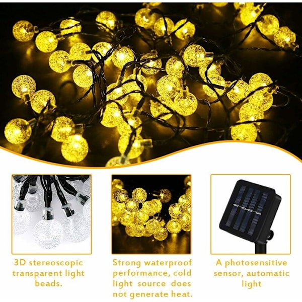Solcelled Lyslenke for Utendørs, 100 LED Krystallkuler, Vanntett, for Utendørs/Innendørs, Hage, Balkong, Trær, Bryllup, Fester, Jul (Varmt Hvitt)