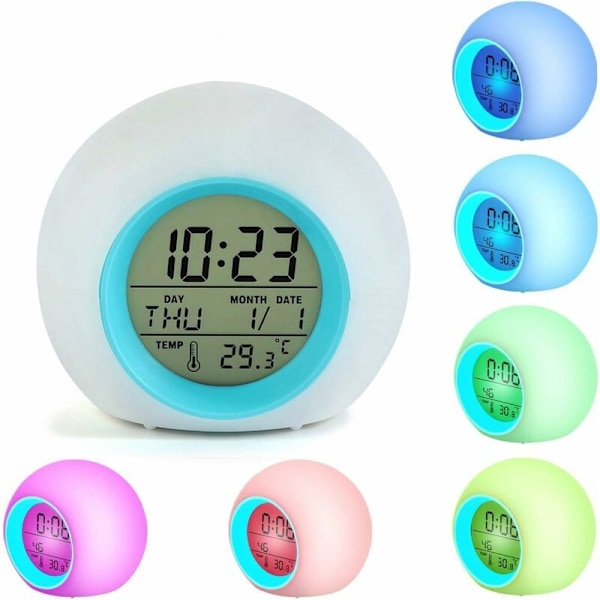 Barnens LED-väckarklocka, Digitala väckarklockor för barn Sängbord 7 Färger Byter Ljus för Pojkar Flickor Rum Dekoration med Temperatur Datum, Touch Control a
