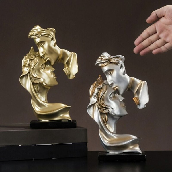 Harpiks skulptur kunst romantisk par kyss karakter statue stue vinskap ornamenter for hjemmedekor - grå