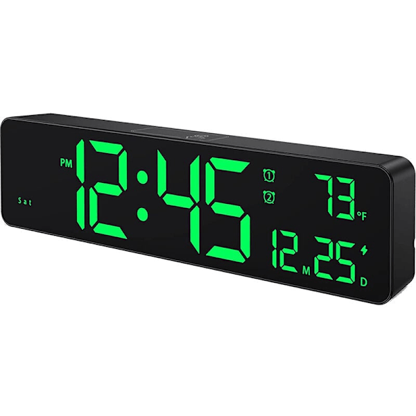 Digitalt veggklokke, Stor LED-sifferdisplay, Dobbel alarmklokke, Automatisk dimming, 12/24-timers format, Lydløs veggklokke for soverom Grønn
