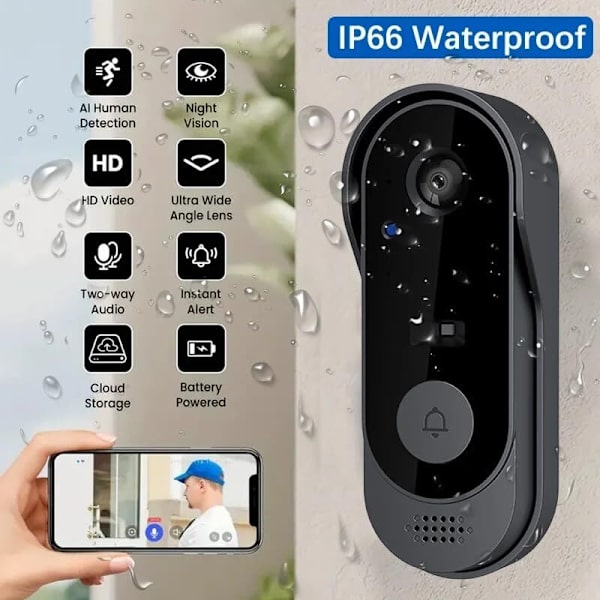Trådløs dørklokke med 1080P kamera, indendørs Wifi videodørtelefon, 2-vejs lyd, SD-kort og cloud-lagring, IP66 vandtæt, 130° vidvinkel infrarød N