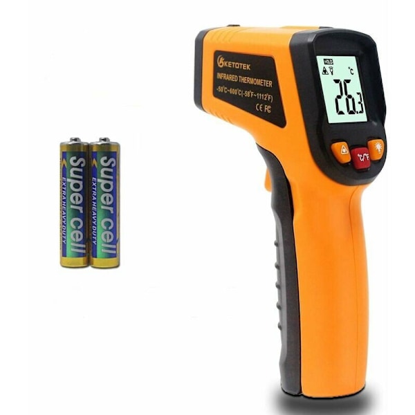 Laser Infraröd Termometerpistol Digital Termometer -50-600°C Laserpunkt Matpistol Professionell Klass Recorder 2×AAA Ingår (Gul)