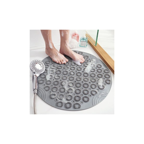 Rund Massage Bademåtte Antislip Brusematte Badeværelsesmåtte Maskinvaskbar Brusematte Badekarmatte med Drænhuller og Sugkopper, 55x55cm, Grå