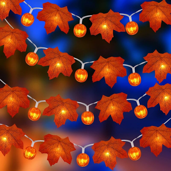 3M Girlang Flash Leaf 20 LED Pumpa Ljuslykta Löv Sagoljus Hållbar Vattentät Batteri, Höstgirlang Vacker Delikat för Halloween Thanksgiving