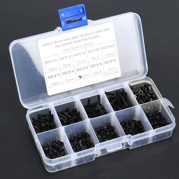 300 st M2.5 x 3-20 mm 12.9 Grade Legering Stål Svart Hex Socket Huvud Skruv Bult med Mutter