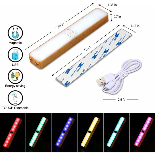 LED Lysbjælke RGB Touch Dæmpning, 1 stk. Bærbar Stemningslys Trækorn Design med 6 Lysfarver og 7 Tilstande USB Opladning Stemningslys