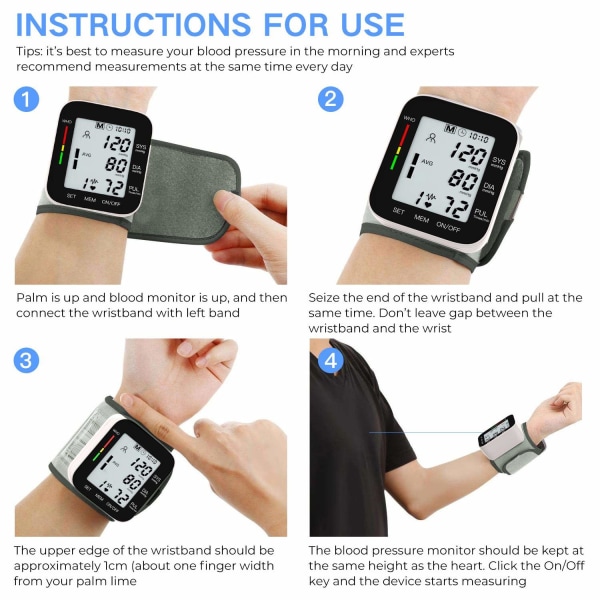 Blodtryksmåler Automatisk håndled - Bærbar LCD-skærm - Uregelmæssig hjerterytmemonitor - Batteridrevet - Sort