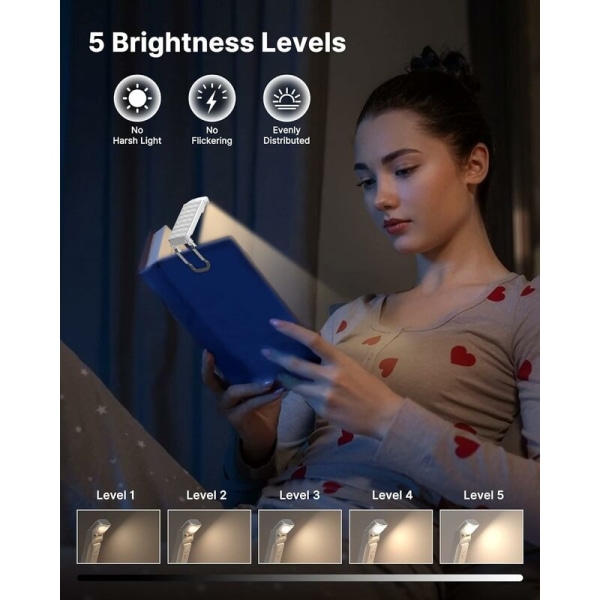 Oppladbar leselampe, bærbar leselampe for lesing, 3 fargetemperaturer og 5 lysstyrkenivåer, gave til barn - hvit