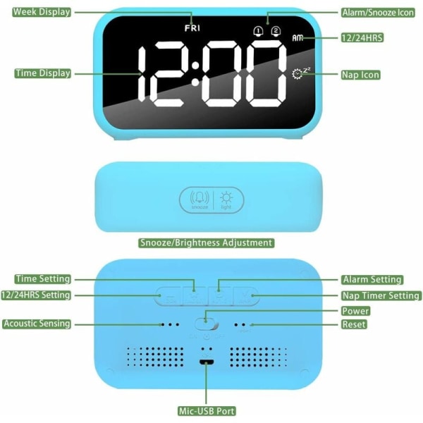 LED Digital Väckarklocka med Snooze-funktion USB Laddningsbar Spegel Yta 12/24H för Sovrum Kontor Blå-Fei Yu