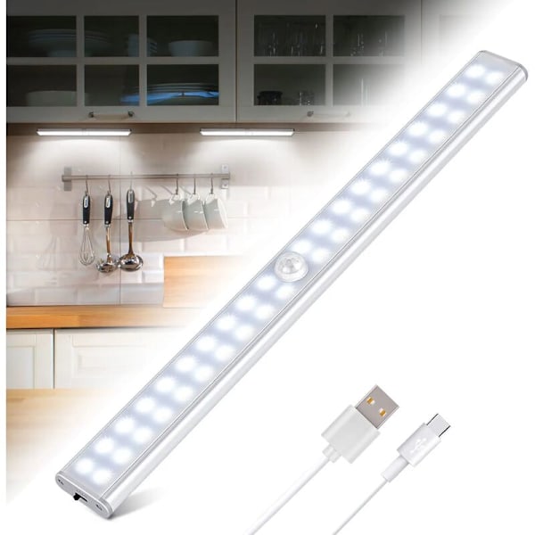 40 LED Garderobslampa, Rörelsesensor Garderobslampa, USB Laddningsbar LED-remsa, 4 Belysningslägen, Garderobslampa, Magnetisk Limremsa LED Nattlampa