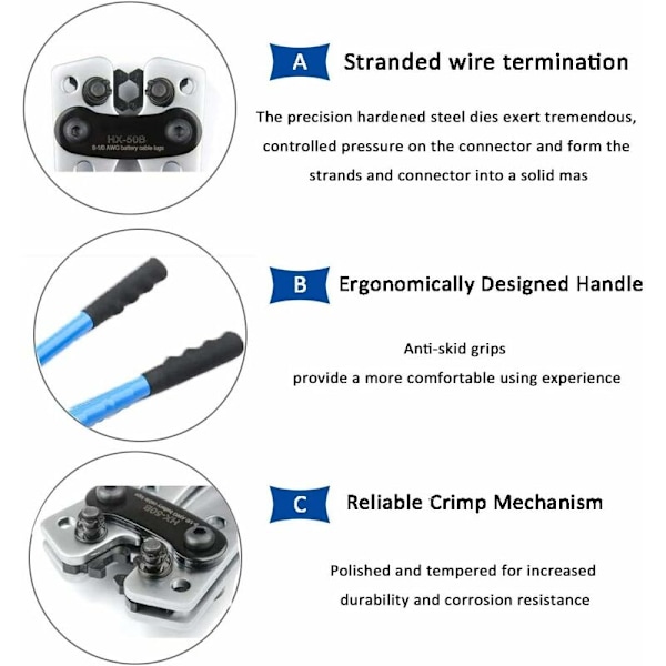 HX-50B Batterikabel-kabelskor-pressverktyg Elektriker-tång för pressning av 6-50mm2 (AWG 8-1/0) kablar med förtjockad och förstärkt metallplatta