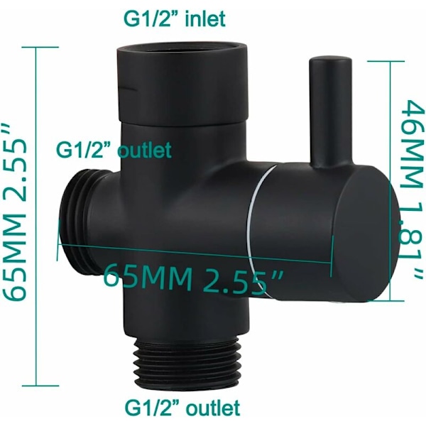 Trefunktionsventil, messing afspærringsventil G 1/2, afspærringsventil til bruser, brusebad, badeværelse, sort, DSF007C