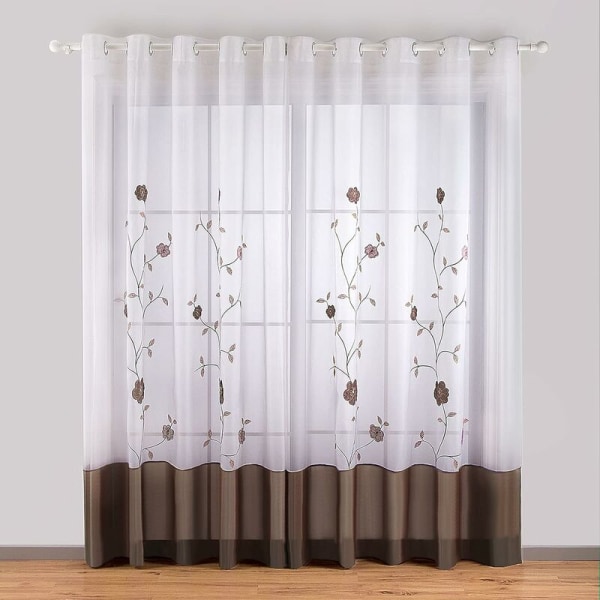 1 st transparent gardin med blommig brodyr för sovrum, kök, vardagsrum, 140 cm x 175 cm, solig brun