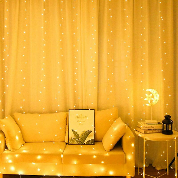300 LED Lysgardin 3x3M, IP44 Vandtæt Lysguirlande, USB-Interface, 8 Lystilstande, Julebryllup Soveværelse Vindue Dekoration (Varmt Hvidt)