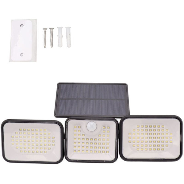 180 LED Solcellelys Utendørs, 6000-7000K, Super Lyssterk, med 3 Justerbare Hoder, IP65, med Bevegelsessensor