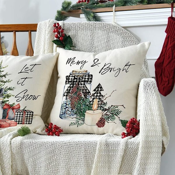 Jul kuddfodral 18X18 Set om 4, Rutig snögubbe träd kudde dekoration för soffa säng