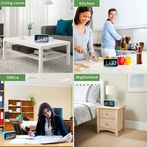 LED Digital Väckarklocka med Snooze-funktion USB Laddningsbar Spegel Yta 12/24H för Sovrum Kontor Blå-Fei Yu