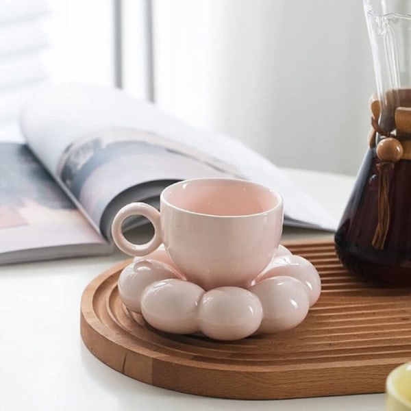 Blommig kaffekopp och fat set Söt kopp och fat set Keramisk kaffekopp med fat Solros Latte koppar 6,7 Oz Rosa