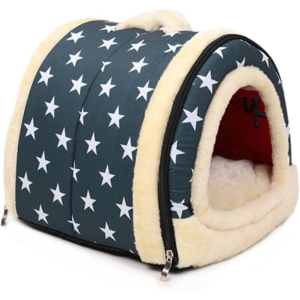 Husdjursbo och soffbädd, hopfällbar hundkatt hus halkfri och vinter mjuk bekväm madrass (M, blå) 453535cm