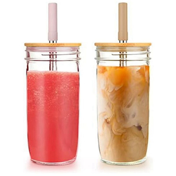 24 Oz Glas Tumlare med Bambulucka och Sugröröppning Masonburk för Smoothies, Juice, Te, Iskaffe
