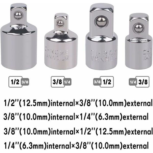 4 stk. Ratchet Socket Adapter Ratchet Socket Adapter 1/2 til 3/8-3/8 til 1/2-1/4 til 3/8-3/8 til 1/4 Socket Reducer til Sockets og Bits