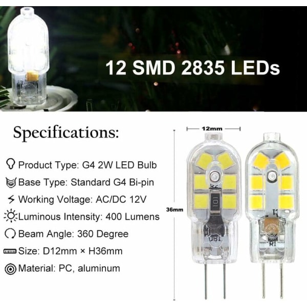 10-pack G4 2W LED-lampa för köksfläktslampor, AC/DC 12V, motsvarande 20W halogenlampor, 200LM, Bi-Pin med genomskinligt PVC-skydd, kallvitt 6000K, icke-dimmbar