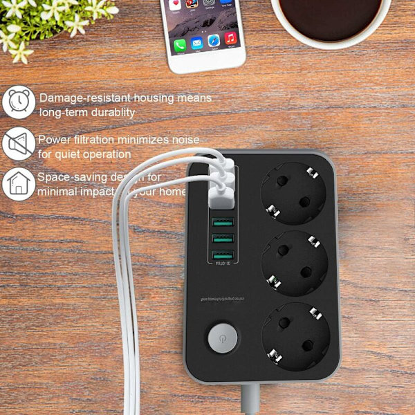 Virtapistorasia 6 USB-moniliittimellä 3 osastoa 2500W 17W 5V 3.4A 1.6M kaapeli, ylikuormitukselta suojatulla kytkimellä,
