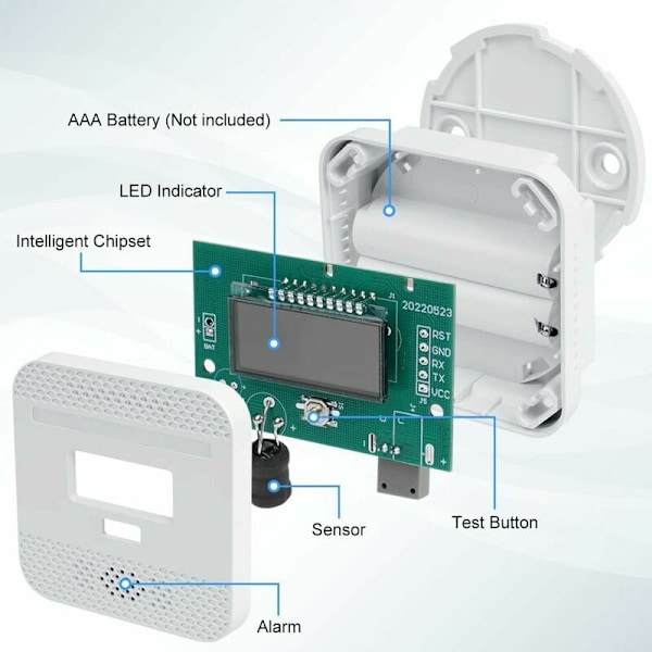 Kulmonoxiddetektor, Intelligent Kulmonoxiddetektor med LCD-skærm, Opfylder EN 50291-standarden, med testknap og LED-statusindikator