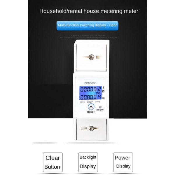 Enfas Energimåler 5-80A 200V Elektrisk KWh-måler LCD Wattmeter Enfas Din Skinne KWH Energimåler