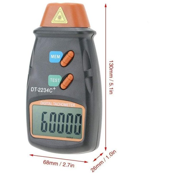 Digital varvräknare, DT-2234C + kontaktfri LCD-fotovarvräknare Mini RPM-testmätare, varvräknare 2,5RPM-99,999RPM