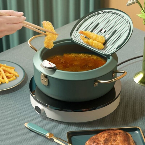 Japan Tempura Fritös Hushåll Mini Djup Filterbricka med Termometer Rostfritt Stål Fritös Hushåll C