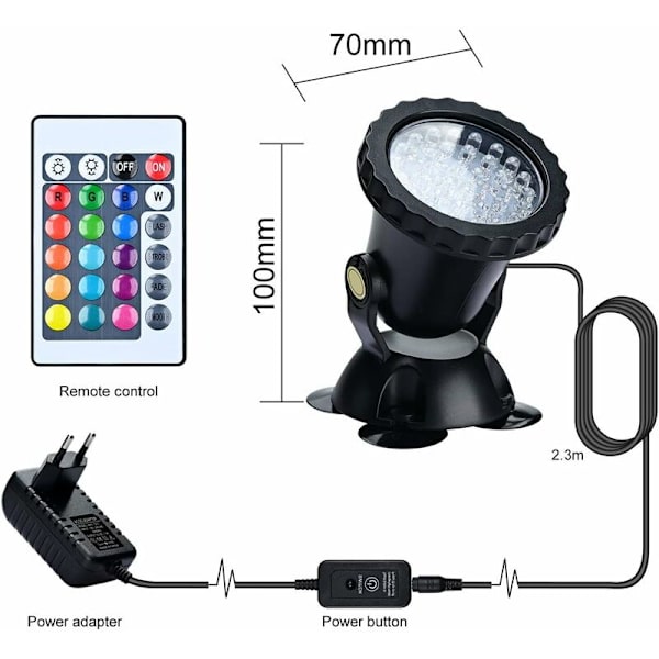 RGB Akvarieprojektor, Undervands Neddykkelig Fiskelys, IP68 Vandtæt LED-lampe Justerbar Vinkel Lys med Fjernbetjening til Have Dam Sw
