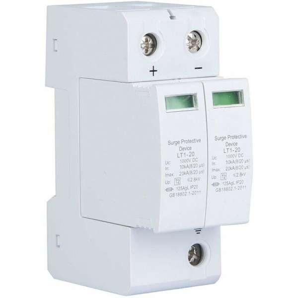 Overspenningsvern, 2P DC1000V fotovoltaisk overspenningsavleder på 36mm føringsskinne PC flammehemmende skall (2P 20KA)--
