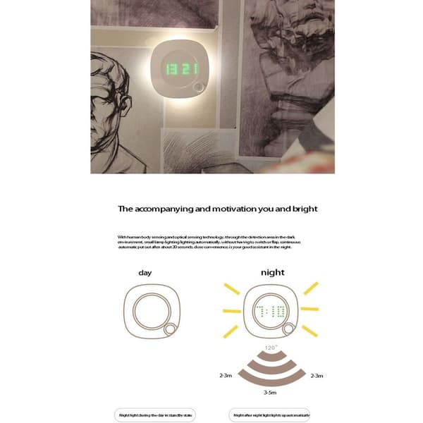 Hem Vardagsrumsinredning Sensor LED Väggklocka Digital Tid Nattljus Gravitations Sensor Vägglampa Sovrum Heminredning