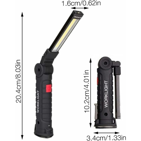 Laderbar LED arbeidslys, 2 stk COB håndholdt arbeidslys, inspeksjonslys med magnetisk base, LED håndholdt lommelykt for camping, bil