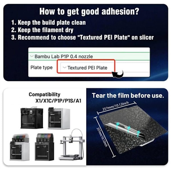 PEO PET Byggeplade til Bambu-Lab X1/X1C/X1E/P1P/P1S/A1 3D-printer, + 257 X mm Fiber