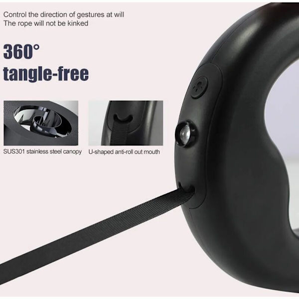 Justerbar Hundeleie, 3M Teleskopisk Hundeleie med LED-lommelykt, for Små og Mellomstore Hunder, Maksvekt opptil 20 kg, 360° Tangle-Free, Håndfri