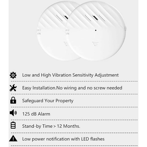 Glasbrudsdetektorer, eMylo Vinduealarm med 125 DB Alarm, Vindue Vibrationsalarm til dit Hjem, Kontor, Garage, Kollegieværelse eller endda Campingvogn (2 stk)