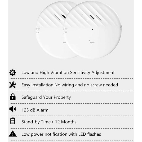 Glassbrudddetektorer, eMylo Vindualarm med 125 DB Alarm, Vinduvibrasjonssensoralarm for Hjemmet, Kontoret, Garasjen, Sovesalen eller til og med Bobil (2 stk)